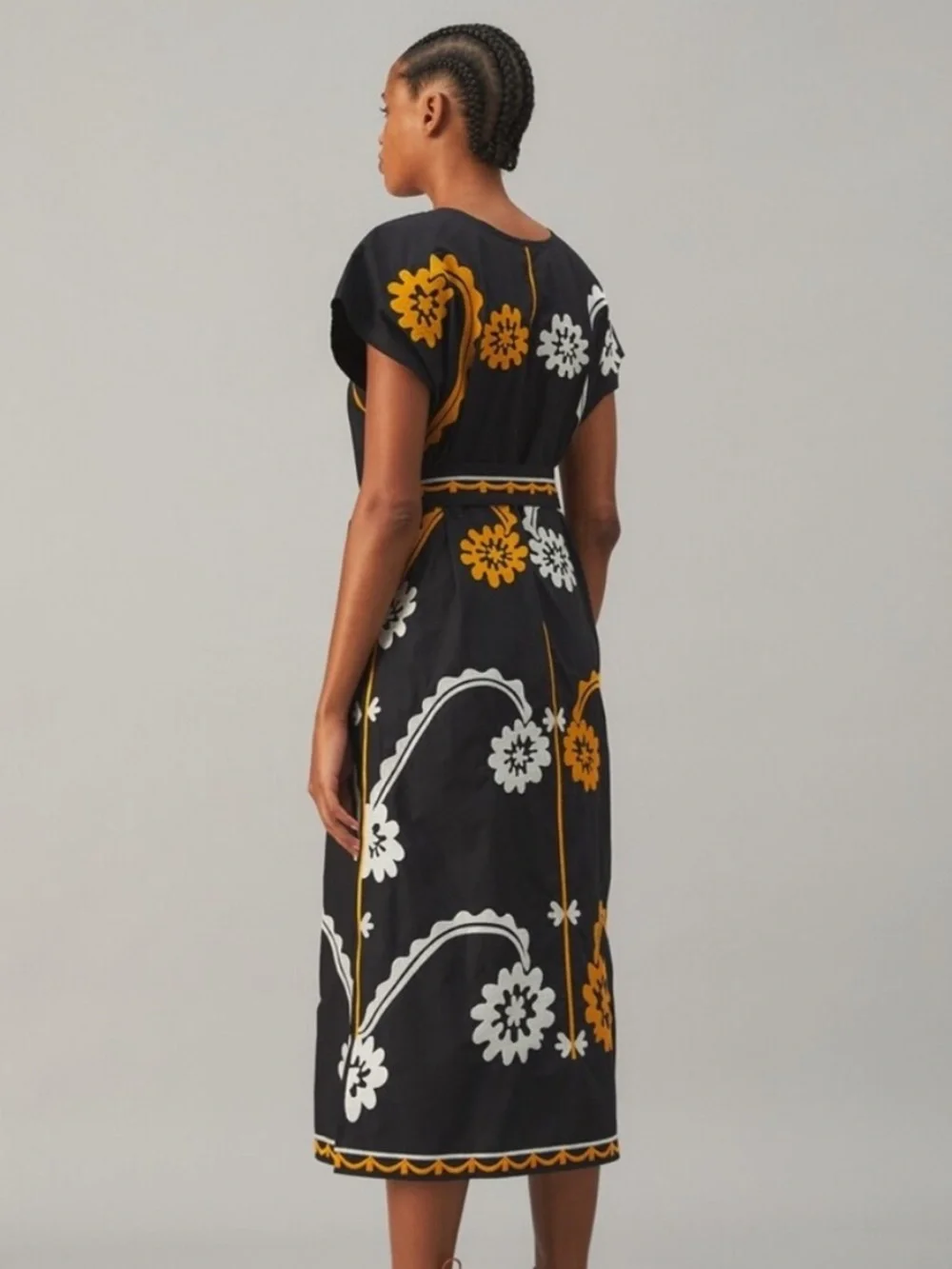 Tory Burch Embroidered Cotton Poplin Caftan Midi Dress Floral Black Gold White M